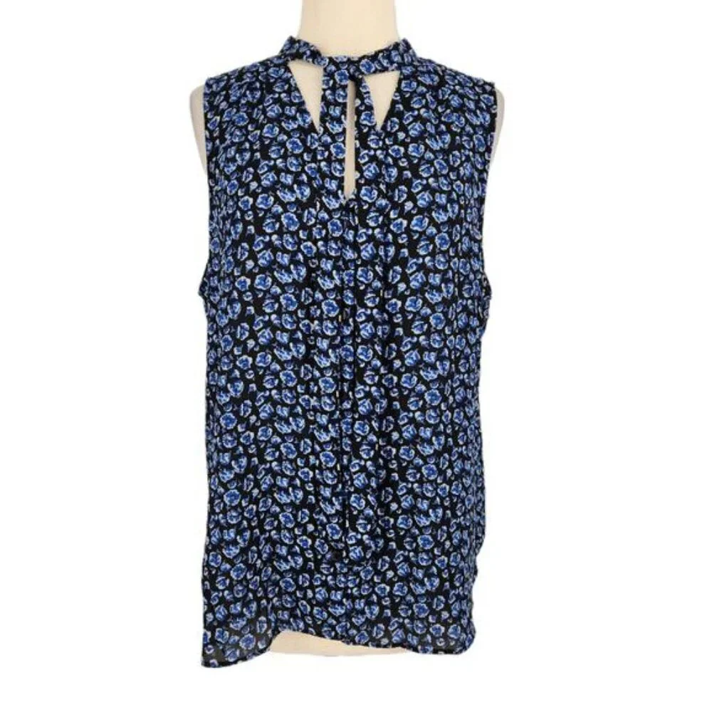 ELLE Blue & Black Floral Blouse with Keyhole & Bow Front Size XL - Picture 1 of 5